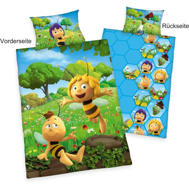 Herding BIENE MAJA Bettwäsche-Set, Wendemotiv, Bettbezug 100 x 135 cm, Kopfkissenbezug 40 x 60 cm, Baumwolle/Renforcé