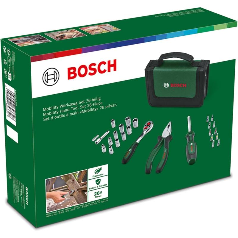 Bosch Mobility-Handwerkzeug-Set, 26-teilig (kompaktes und mobiles Werkzeug-Set für Heimwerkerarbeiten und unterwegs; 1/4"-Ratsche; Kombizange; Universalschraubendreher; in Stofftasche
