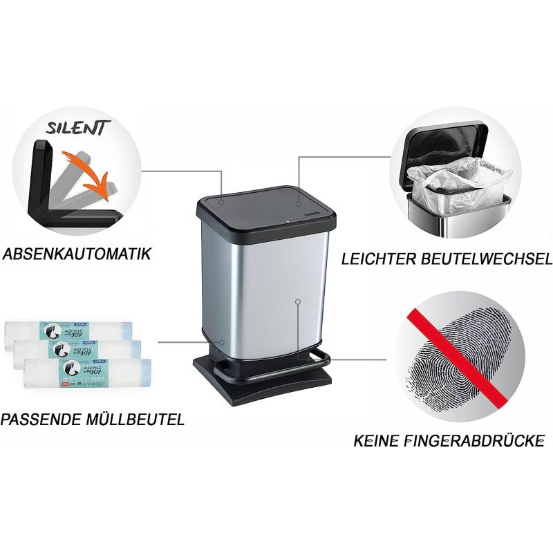 Rotho Paso Mülleimer 20l mit Deckel, Kunststoff (PP) BPA-frei, silber metallic, 20 Liter (29,3 x 26,6 x 45,7 cm)