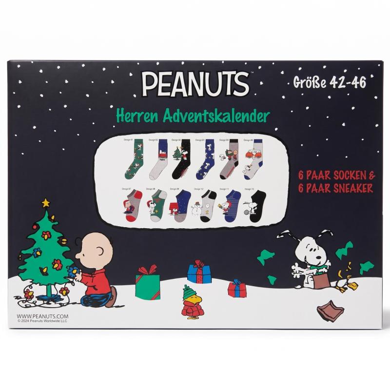 PEANUTS - HERREN Adventskalender 12 Paar Socken 42-46 ( 6 Paar Socken & 6 Paar Sneaker ) Style - SCHWARZ