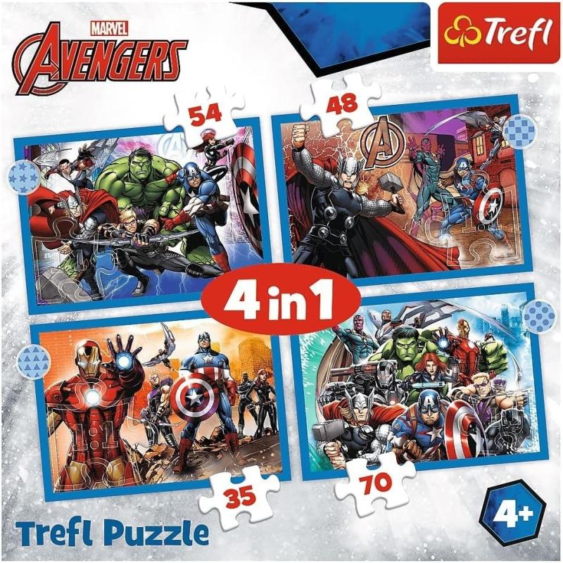 Trefl 34386 -  4in1 Puzzle, Marvel AVENGERS, von 35 bis 70 Teilen, 4 Sets