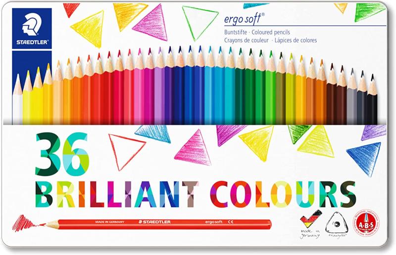STAEDTLER Buntstifte ergo soft, ergonomische Dreikantform, 36 Buntstifte in brillanten Farben im Metalletui