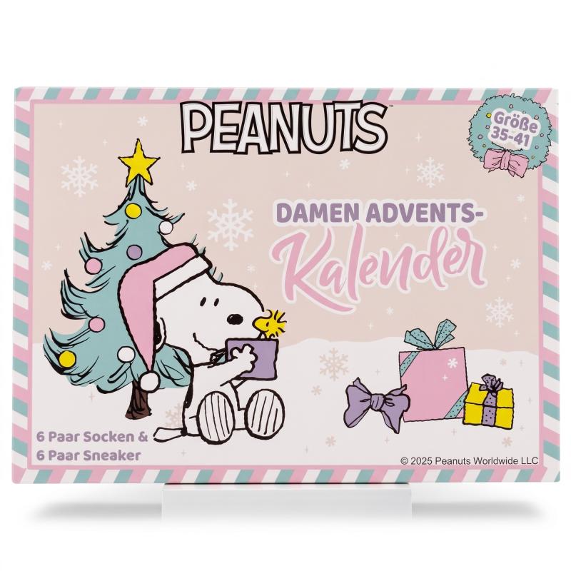 PEANUTS - DAMEN Adventskalender 12 Paar Socken 35-41 ( 6 Paar Socken & 6 Paar Sneaker ) Style - WEISS