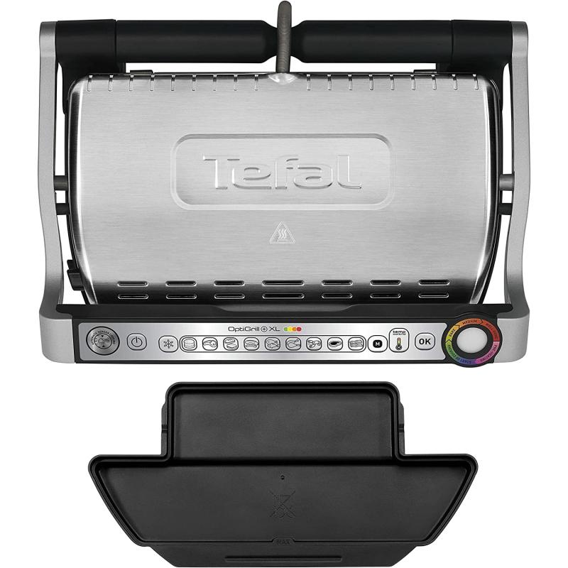 Tefal OptiGrill XL GC722D Kontaktgrill (mit Plus XL-Grillfläche, mit zusätzlichen Temperaturstufen, automatische Anzeige des Garzustands, 9 voreingestellte Programme) 40 cm x 20 cm, schwarz/Edelstahl