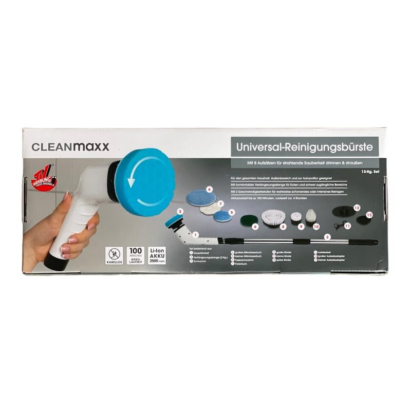 CLEANmaxx Elektro-Oberflächenbürste Akku-Reinigungsbürste 8 Aufsätze In-&Outdoor 100 Min. Laufzeit, 8-tlg