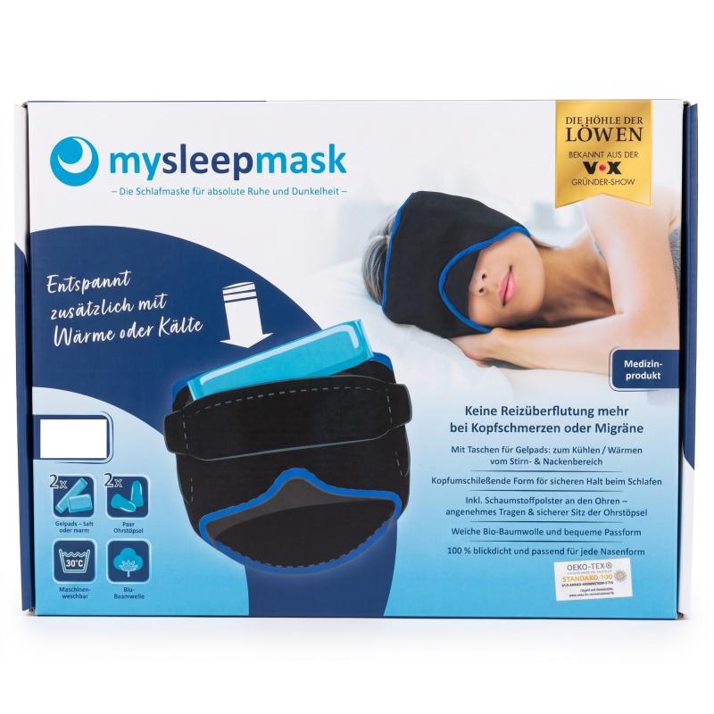 mysleepmask Schlafmaske inklusive 2 Ohrstöpseln und 2 Gelpads, Kopfumfang circa 59-63 cm, L/XL