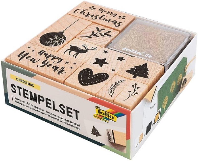 folia 31108 - Holzstempelset Christmas, inklusive 10 Holzstempel und 2 Stempelkissen