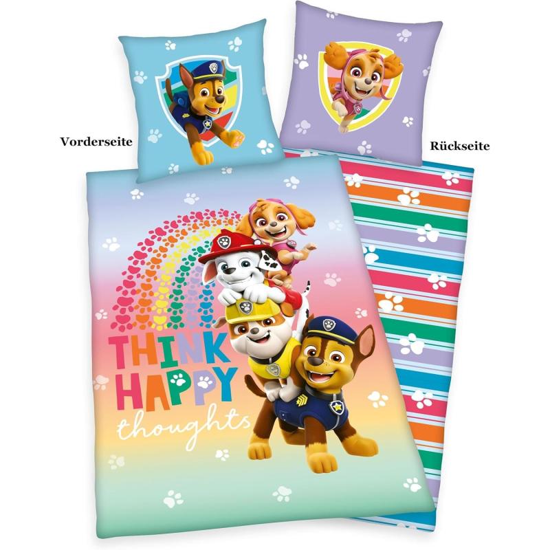 Herding Bettwäsche-Set, PAW PATROL TEAM Think Happy, Wendemotiv, Kopfkissenbezug 80 x 80 cm, Bettbezug 135 x 200 cm BLAU