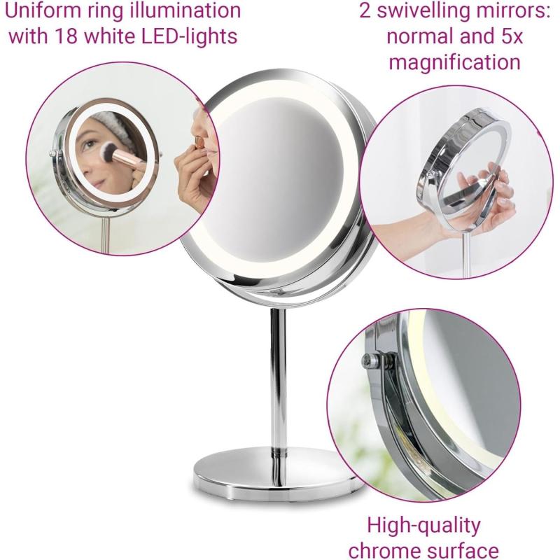 medisana CM 840 Kosmetikspiegel mit LED-Beleuchtung, 5-facher Vergrößerung, 360° schwenkbar, Silber, 31,5 x 20,5 cm