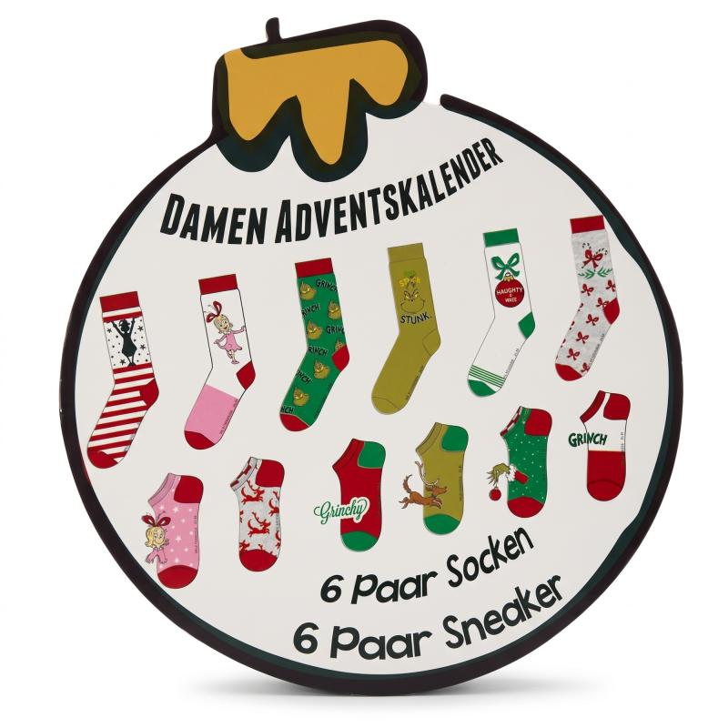 The GRINCH - DAMEN Adventskalender 12 Paar Socken 35-41 ( 6 Paar Socken & 6 Paar Sneaker ) Style - ROT - VERPACKUNGSSCHADEN