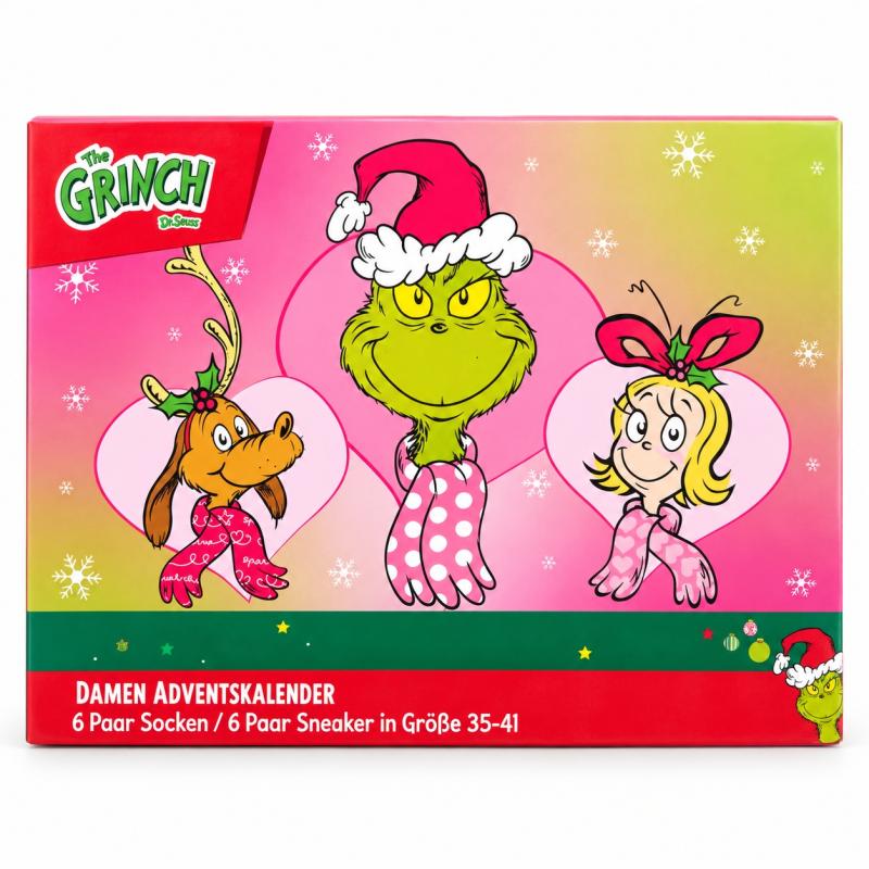 The GRINCH - DAMEN Adventskalender 12 Paar Socken 35-41 ( 6 Paar Socken & 6 Paar Sneaker ) Style - ROSA