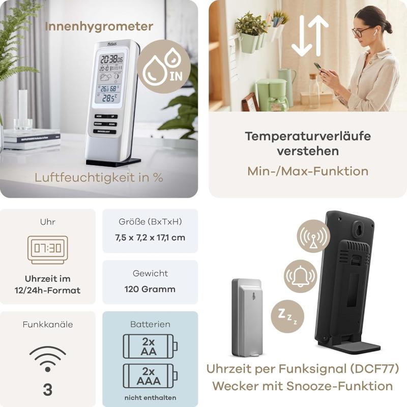 Mebus Funk-Wetterstation mit Außensensor, Thermometer/Hygrometer, Wohlfühlindikator Raumklima, Wettervorhersage mit Symbolen, Farbe: SILBER