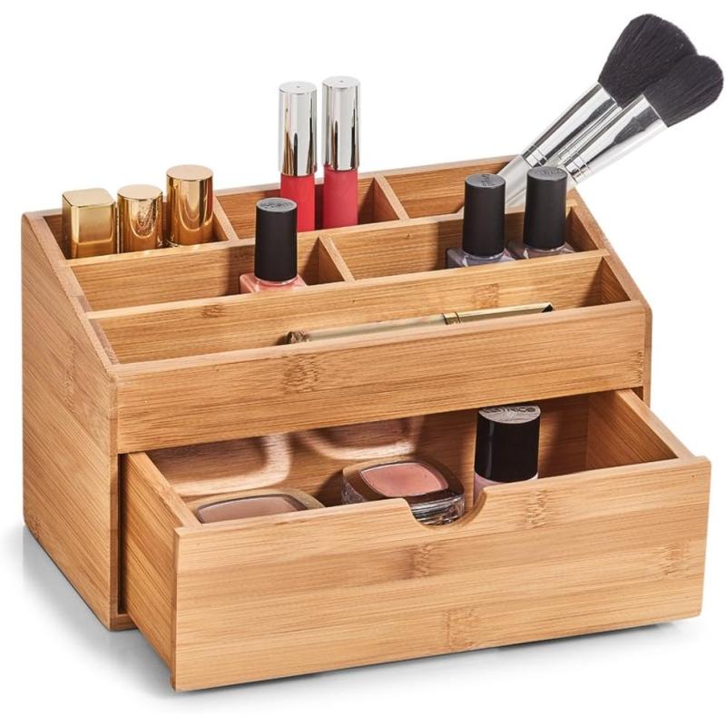 Zeller 25386 Organizer mit Schubfach, Bambus, ca. 25,4 x 12,5 x 15 cm Ordnungsbox für Schminke, Kosmetik oder Schreibtisch Natur