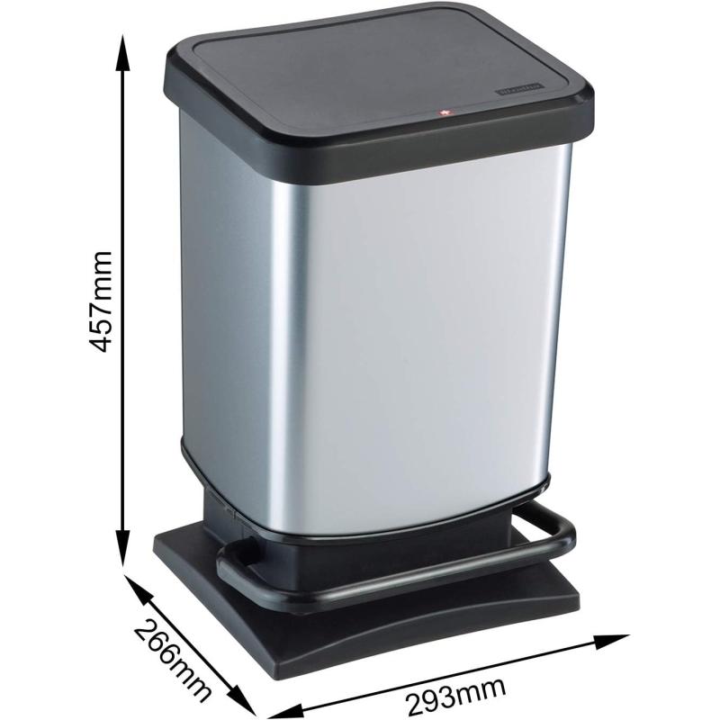 Rotho Paso Mülleimer 20l mit Deckel, Kunststoff (PP) BPA-frei, silber metallic, 20 Liter (29,3 x 26,6 x 45,7 cm)