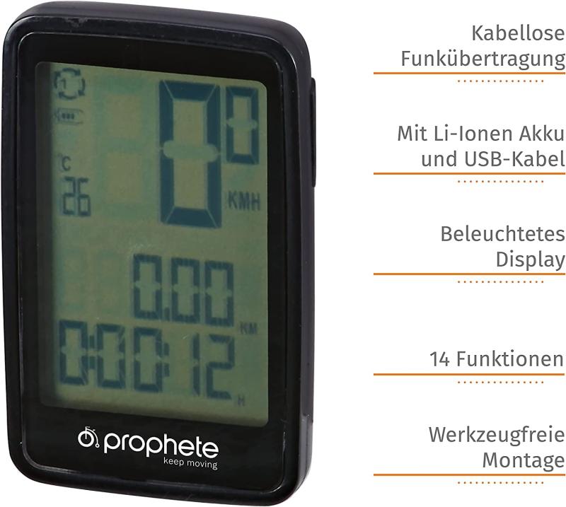 Prophete Fahrradcomputer mit Funkübertragung | 14 Funktionen | Bildschirmbeleuchtung | inkl. Halterung | werkzeugfreie Montage | Schwarz