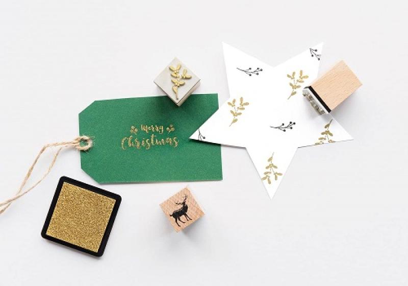 folia 31108 - Holzstempelset Christmas, inklusive 10 Holzstempel und 2 Stempelkissen