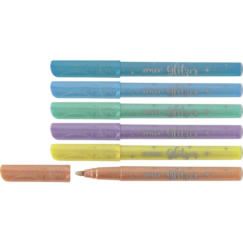 Stylex 64017 - Glitzer Fasermaler, Pastel Dreams, 6 Farben in wiederverschließbarer Box, zum Malen, Basteln und Zeichnen