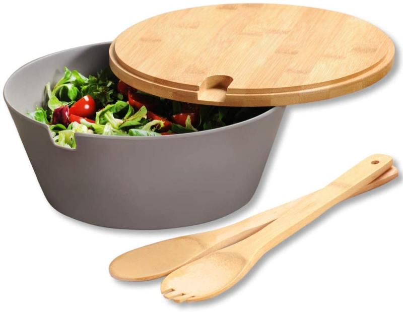 Kesper Obst- & Salatschale mit Besteck & Deckel aus Bambus Ø 26 cm aus Melamin