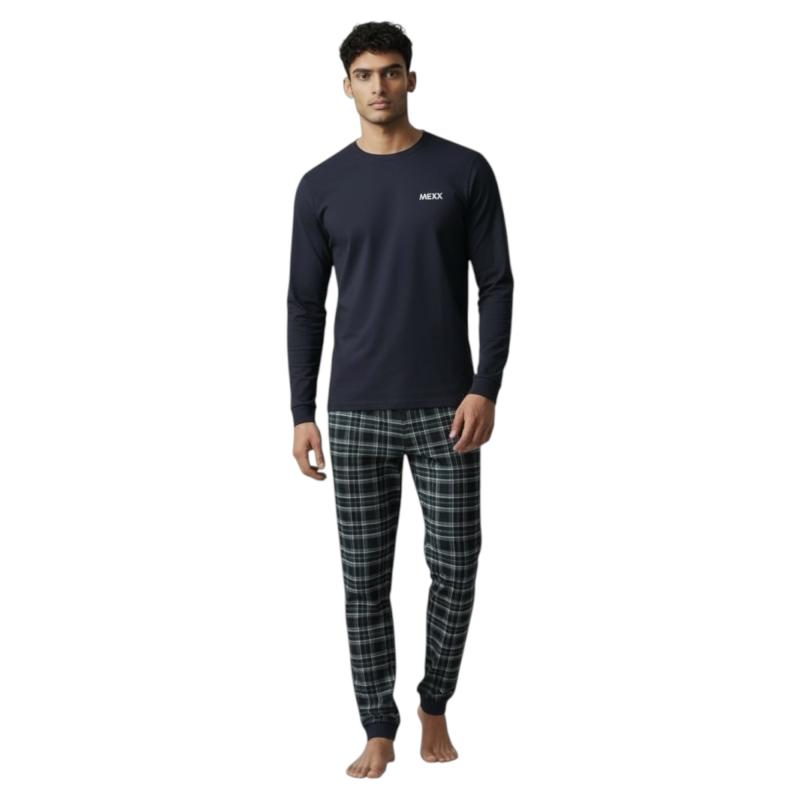 MEXX 194020 Herren Pyjama Schlafanzug Lang Rundhals Navy/Karriert DIVERSE Größen