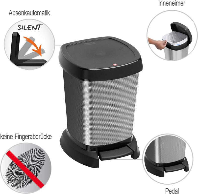 Rotho Paso Mülleimer 6l für das Bad mit Deckel, Kunststoff (PP) BPA-frei, carbon metallic, 6l (23,4 x 21,9 x 29,2 cm)