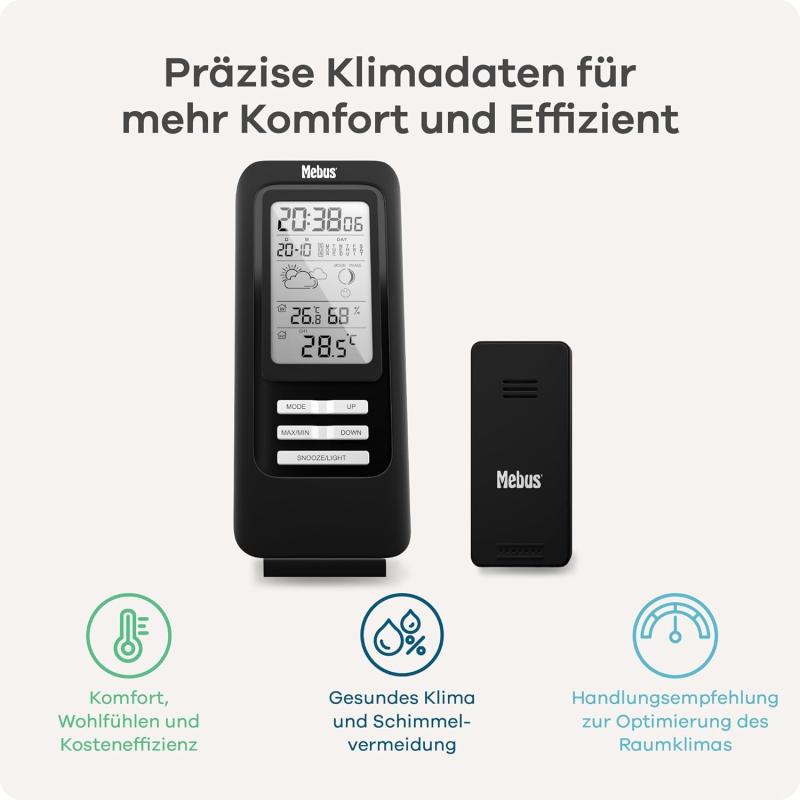 MEBUS funkgesteuerte Wetterstation mit Außensensor, Thermometer/Hygrometer, Funkuhr, Wohlfühlindikator Raumklima, Wettervorhersage mit Symbolen, Mondkalender, Wecker, Farbe: Schwarz