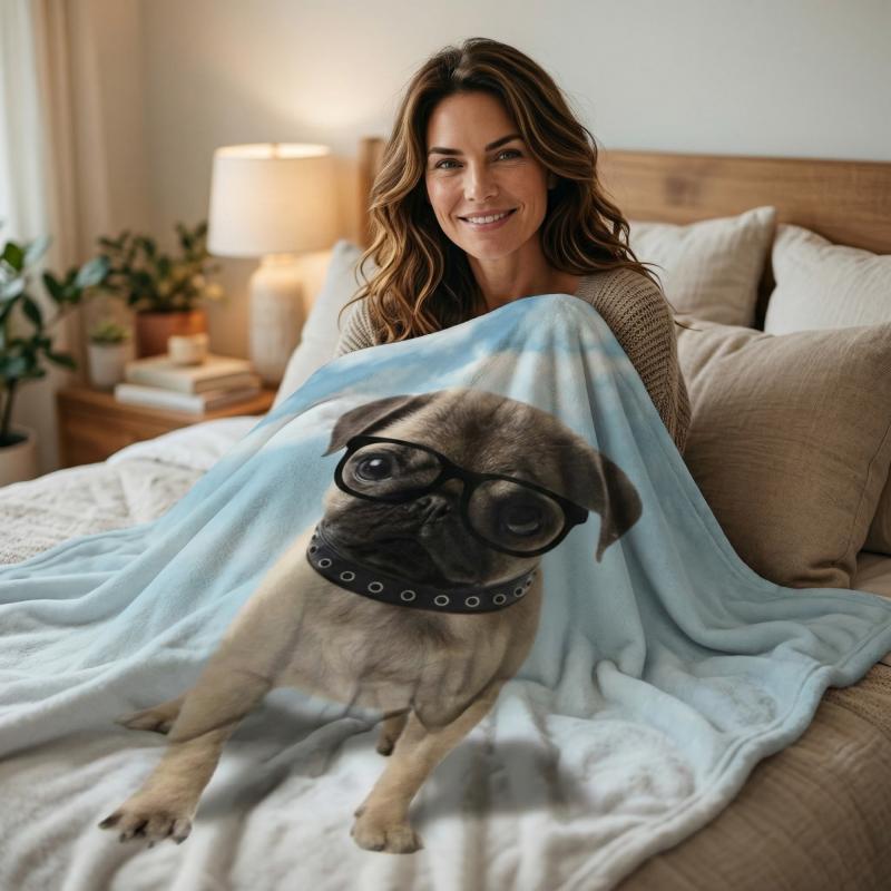 Home Ideas Wohndecke mit Tiermotiv Größe ca. 150 x 200 cm Hell Blau - Hund MOPS