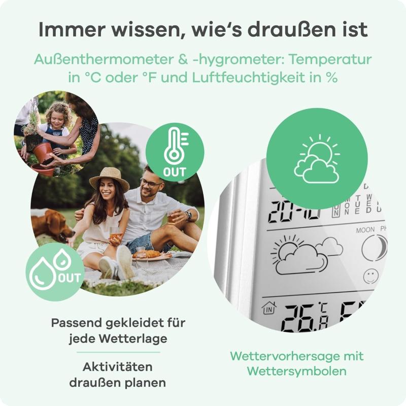 Mebus Funk-Wetterstation mit Außensensor, Thermometer/Hygrometer, Wohlfühlindikator Raumklima, Wettervorhersage mit Symbolen, Farbe: SILBER