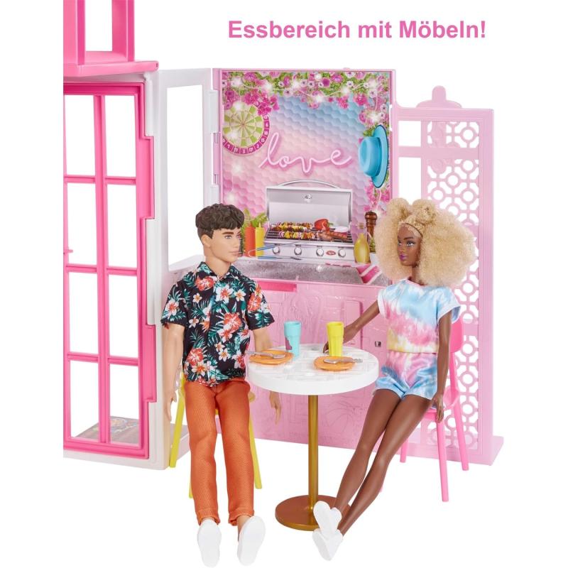 Mattel HHY40 Barbie-Puppenhaus mit 4 Spielbereichen, komplett eingerichtet mit Barbie-Accessoires & Möbeln, 360° drehbar, klappbar, ohne Barbie-Puppe