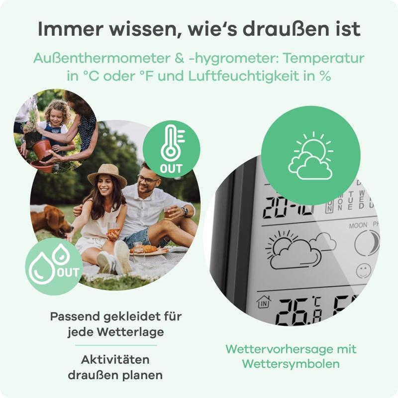 MEBUS funkgesteuerte Wetterstation mit Außensensor, Thermometer/Hygrometer, Funkuhr, Wohlfühlindikator Raumklima, Wettervorhersage mit Symbolen, Mondkalender, Wecker, Farbe: Schwarz