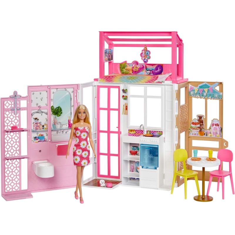 Mattel HHY40 Barbie-Puppenhaus mit 4 Spielbereichen, komplett eingerichtet mit Barbie-Accessoires & Möbeln, 360° drehbar, klappbar, ohne Barbie-Puppe