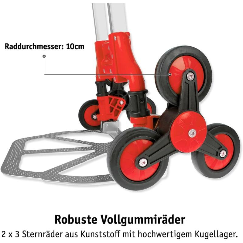 WALTER Stufen- & Treppentransportkarre - Leicht (3,90 kg), klappbar, mit 2 x 3 Sternrädern aus Kunststoff, inkl. Spanngummi, Ladekapazität 70kg, Alu-Guss Schaufel