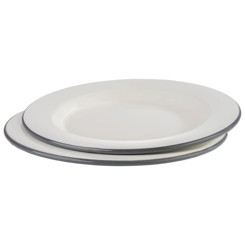 APS Flache Teller 2er Set -EMAILLE- Ø 26 cm, H: 2 cm, emailliertem Stahl, Farbe: cremeweiß mit grauem Rand