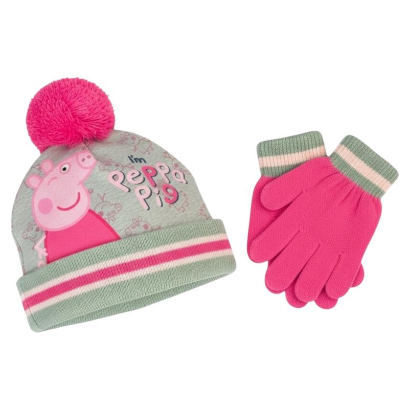 PEPPA PIG 46850 - Kinder Winter Set Gr. 51/54 cm Bommel-Mütze und Handschuhe