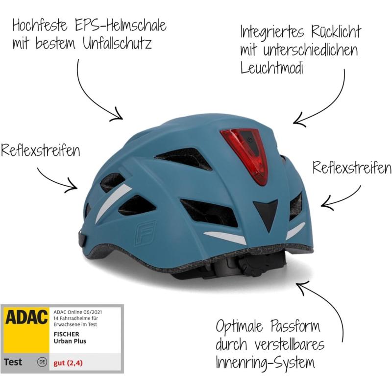 FISCHER Erwachsene Fahrradhelm Urban Plus Chicago Radhelm, Cityhelm mit integriertem LED-Rücklicht, Blau, L/XL, 58-61 cm 