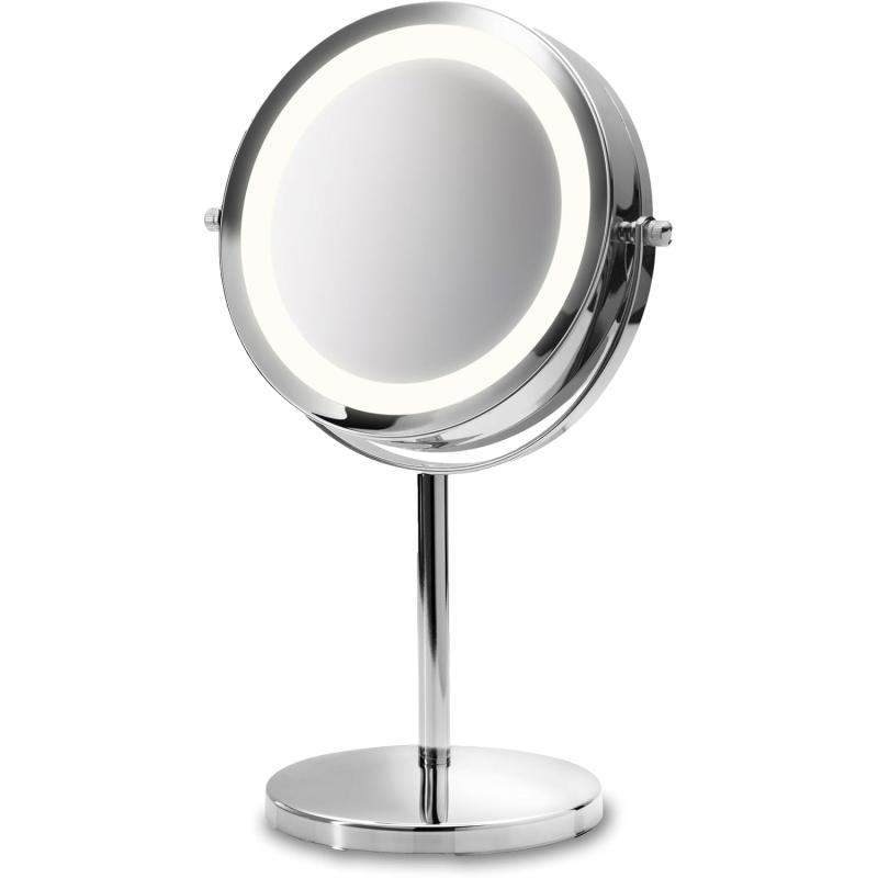 medisana CM 840 Kosmetikspiegel mit LED-Beleuchtung, 5-facher Vergrößerung, 360° schwenkbar, Silber, 31,5 x 20,5 cm