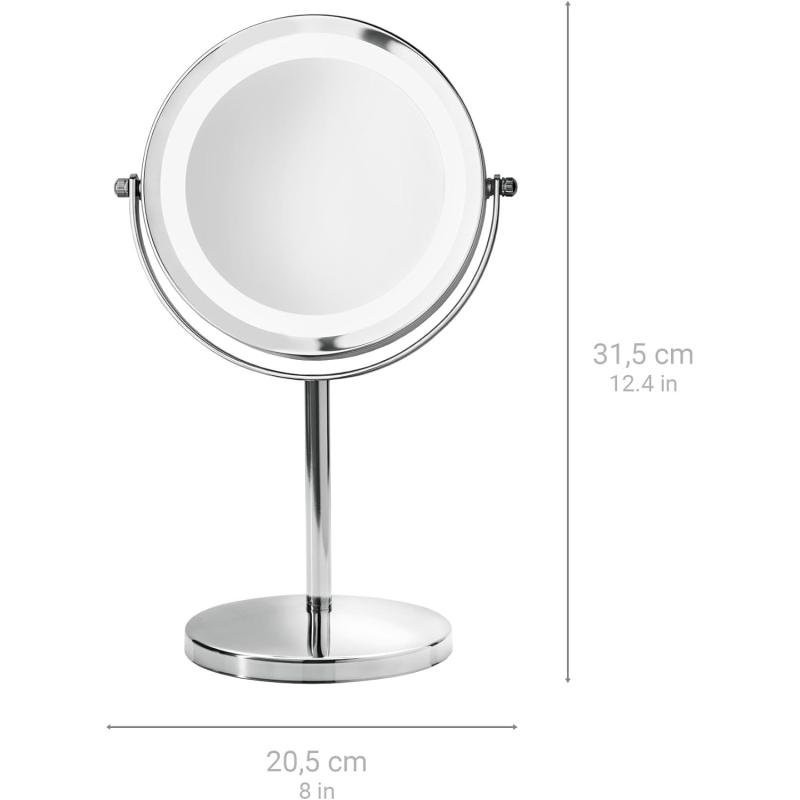 medisana CM 840 Kosmetikspiegel mit LED-Beleuchtung, 5-facher Vergrößerung, 360° schwenkbar, Silber, 31,5 x 20,5 cm