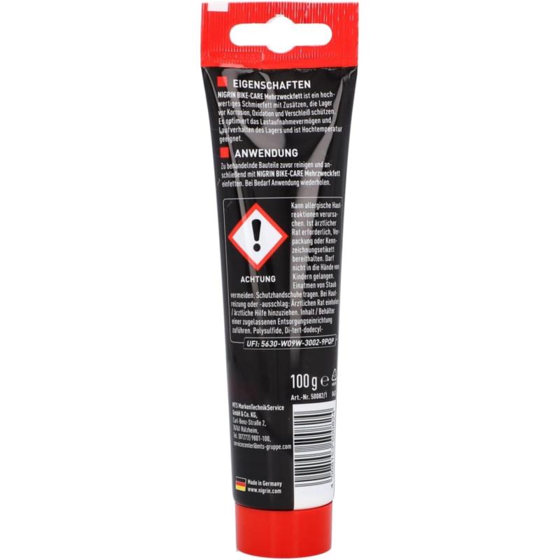 NIGRIN BIKE-CARE Mehrzweck-Fett, 100 g Tube, Schmierfett für Fahrrad, auch für Hobby und Werkstatt, Harz- und Silikonfrei