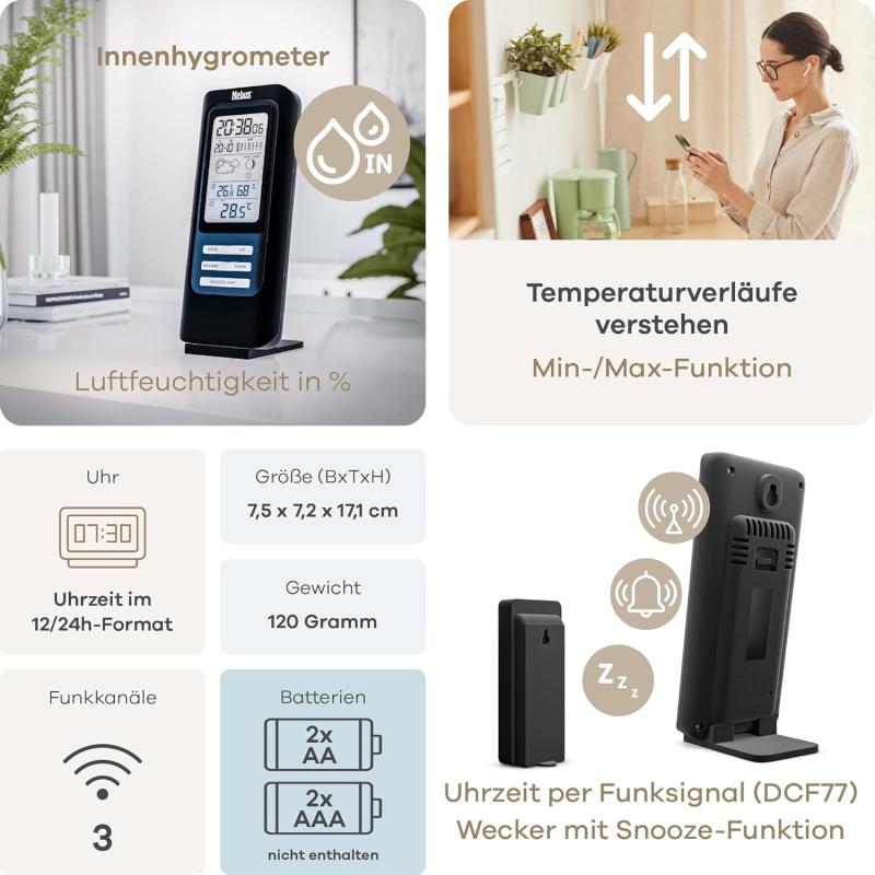 MEBUS funkgesteuerte Wetterstation mit Außensensor, Thermometer/Hygrometer, Funkuhr, Wohlfühlindikator Raumklima, Wettervorhersage mit Symbolen, Mondkalender, Wecker, Farbe: Schwarz