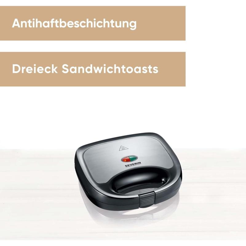 SEVERIN Sandwichmaker-Toaster für 2 Sandwiches, Dreieckige Sandwichtoasts, 600 W, Edelstahl-gebürstet-schwarz, SA 2969