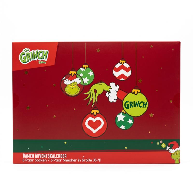 The GRINCH - DAMEN Adventskalender 12 Paar Socken 35-41 ( 6 Paar Socken & 6 Paar Sneaker ) Style - ROT - VERPACKUNGSSCHADEN