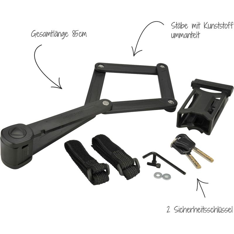FISCHER 85852 Faltschloss inkl Halterung und 2 Sicherheitsschlüssel | schwarz 85 cm