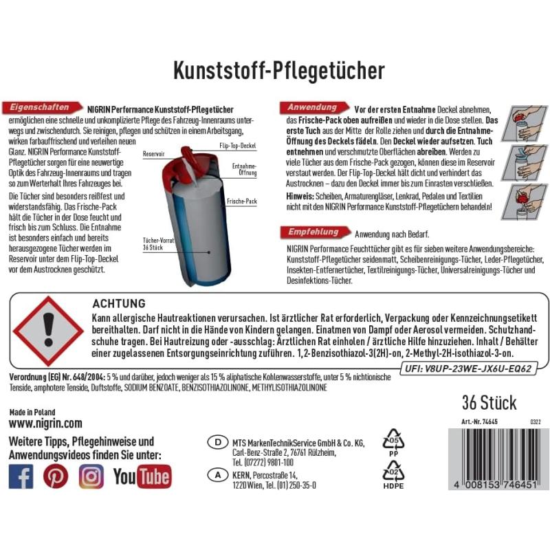 NIGRIN Kunststoff-Pflege-Tücher GLÄNZEND Inhalt 36 Stück