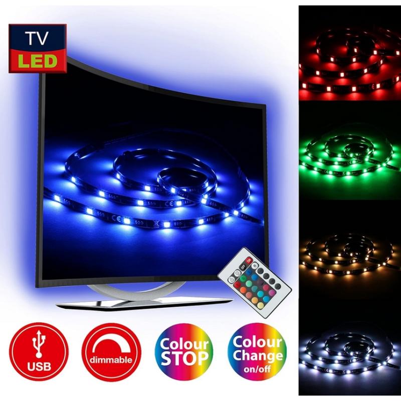 BRILO Leuchten - LED TV Beleuchtung, LED Band dimmbar, LED Strip selbstklebend, 2m, USB-Anschluss, geeignet für 32-78 Zoll, Licht-Leiste 48 x RGB-LED Farbwechsel