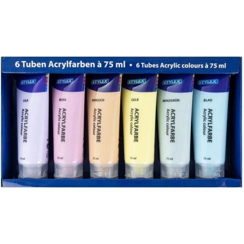 Stylex 28629 - Pastell Acrylfarben im Set, 6 Tuben á 75 ml