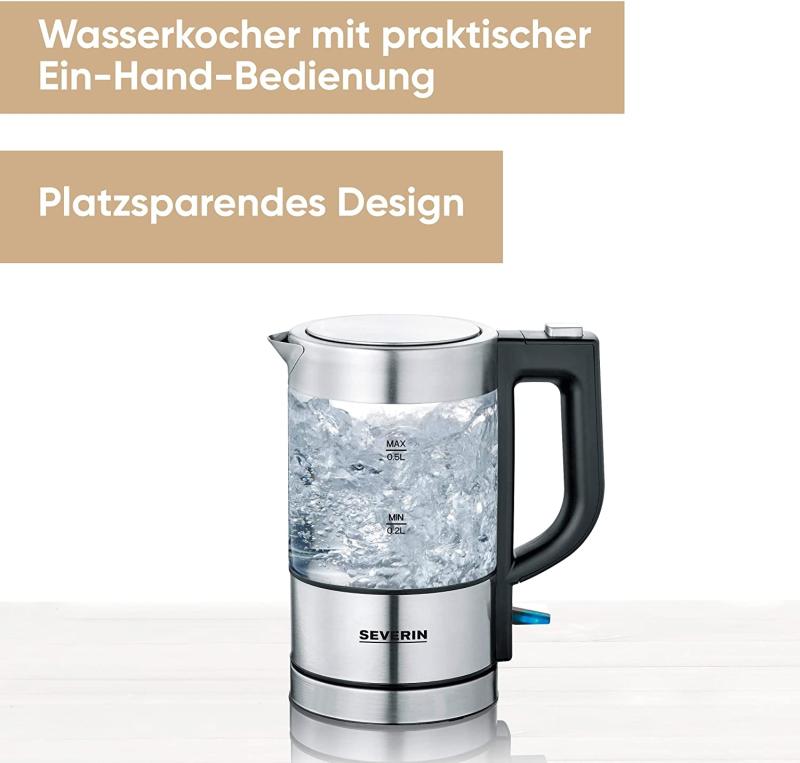 SEVERIN Mini Glas Wasserkocher 0,5L, Edelstahl-gebürstet, max. 1100 W, schwarz, WK 3499 REAL + OTTO
