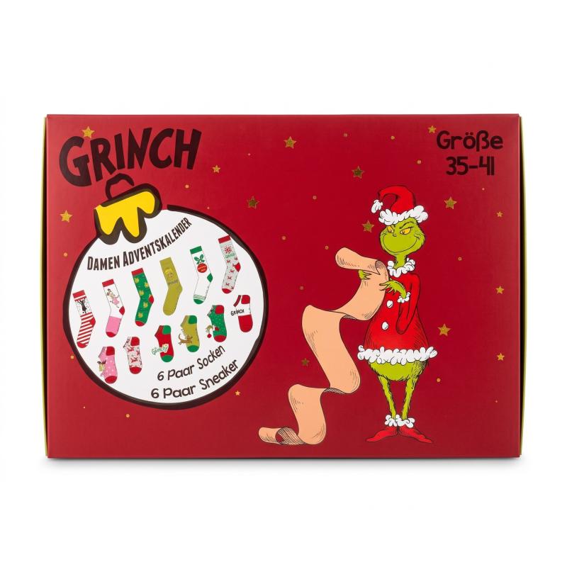 The GRINCH - DAMEN Adventskalender 12 Paar Socken 35-41 ( 6 Paar Socken & 6 Paar Sneaker ) Style - ROT - VERPACKUNGSSCHADEN