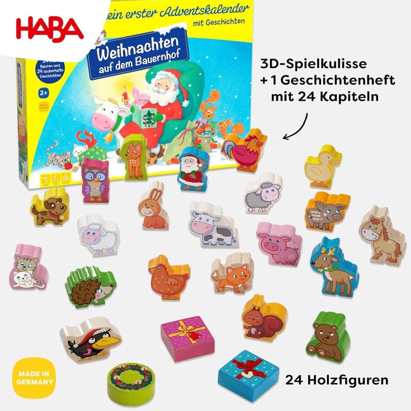 HABA Adventskalender - Weihnachten auf dem Bauernhof – 3D-Spielkulisse mit 24 liebevollen Holzfiguren
