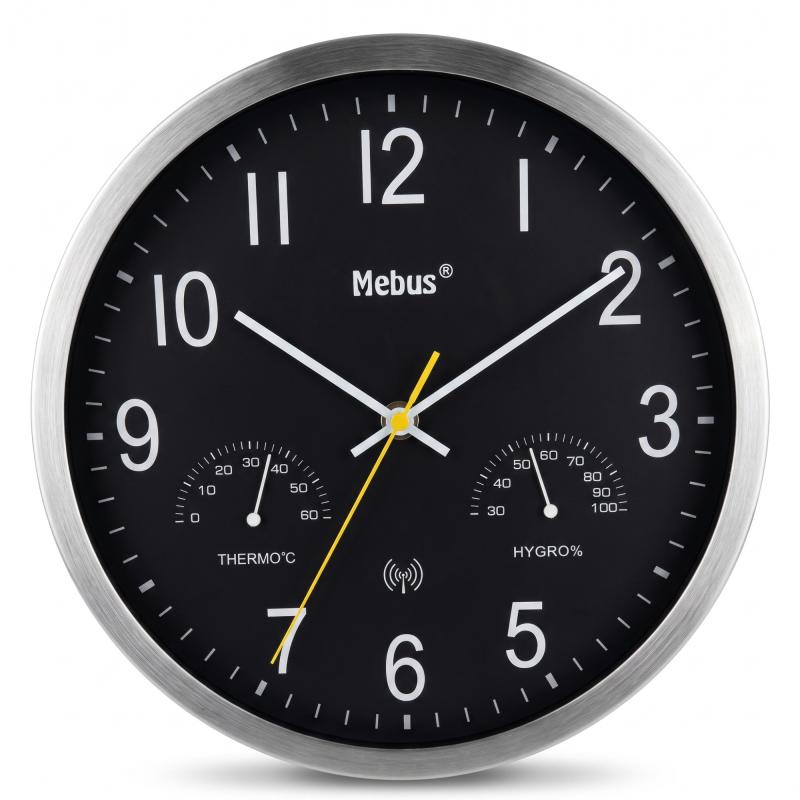 Mebus 12865 Funkwanduhr mit Thermometer und Hygrometer Aluminium-Rahmen Silber/SCHWARZ