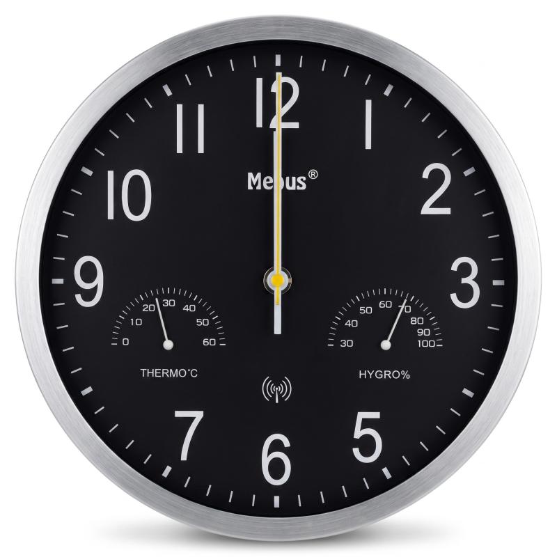 Mebus 12865 Funkwanduhr mit Thermometer und Hygrometer Aluminium-Rahmen Silber/SCHWARZ