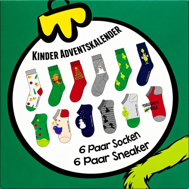 The GRINCH - KINDER Adventskalender 12 Paar Socken 29-34 ( 6 Paar Socken & 6 Paar Sneaker ) Style - GRÜN - VERPACKUNGSSCHADEN